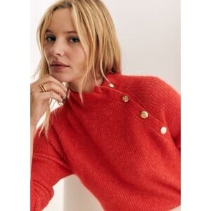 Sezane Trudy Jumper Red Size Medium Pullover Sweater Button Neck